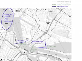 Visie Fietsersbond over Sprong over het IJ in beeld:\\ 
Op korte termijn de veren verbeteren door rechttrekken IJpleinveer, verplaatsen Oostveer naar Javaveer en nieuw Eye-veer. En brug over NH kanaal.\\
Op langere termijn een goed befietsbare Javabrug en Eyetunnel en een vaste verbinding t.h.v. de Houthaven.\\ 
De routes langs het IJ verbeteren met o.a. een brug over van Hasseltkanaal west.